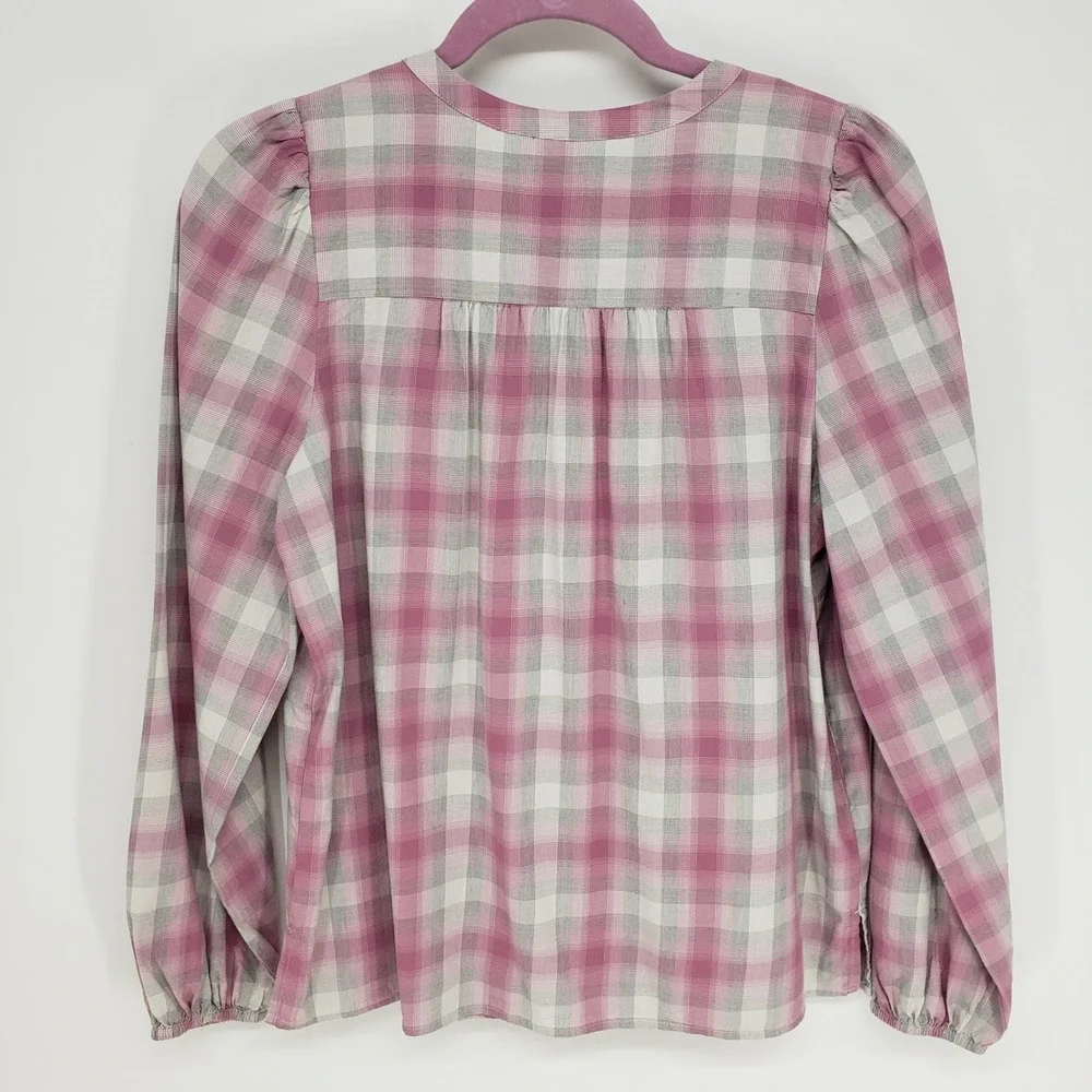 LOFT Plaid Smocked Button Down Shirt Womens Small Pink Long Sleeve Puff Shoulder